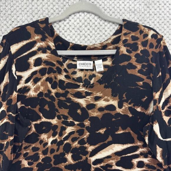 Chicos Travelers Top Womens 3 XL/16 Brown Animal Print Scoop Neck 3/4 Sleeve - Picture 3 of 12